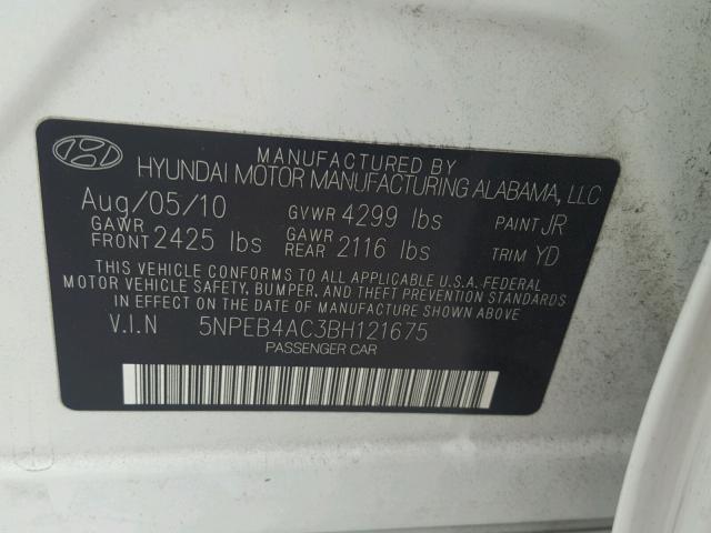 5NPEB4AC3BH121675 - 2011 HYUNDAI SONATA GLS WHITE photo 10