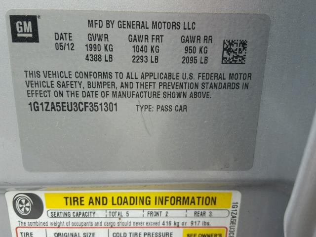 1G1ZA5EU3CF351301 - 2012 CHEVROLET MALIBU LS Արծաթագույն լուսանկար 10