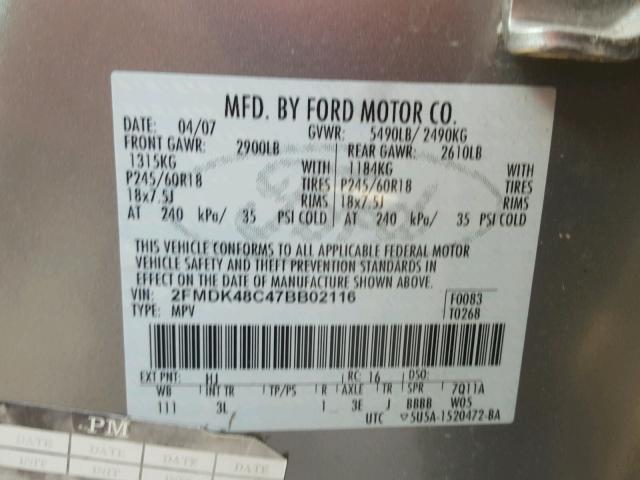 2FMDK48C47BB02116 - 2007 FORD EDGE SEL GRAY photo 10