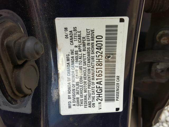 2HGFA16518H524010 - 2008 HONDA CIVIC LX BLUE photo 10