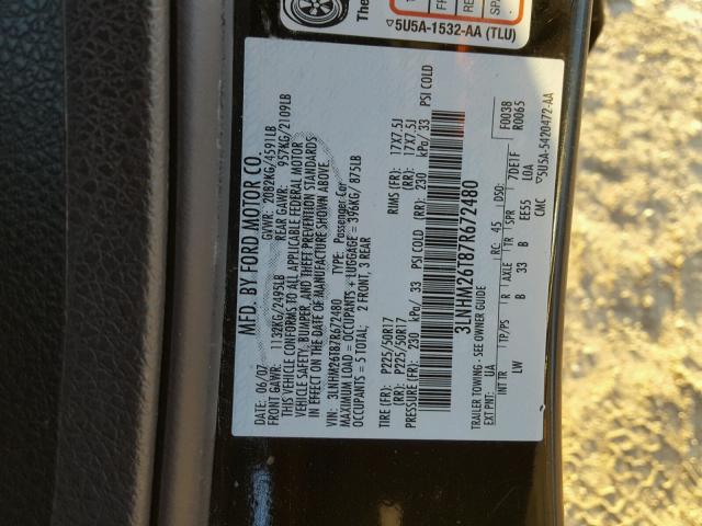 3LNHM26T87R672480 - 2007 LINCOLN MKZ BLACK photo 10