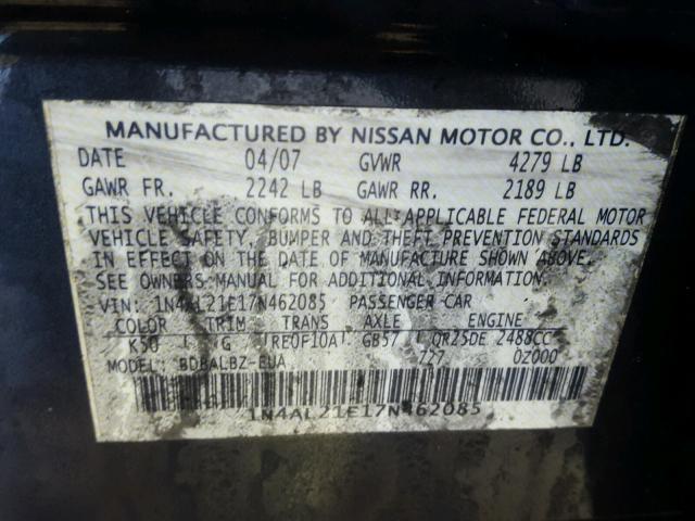 1N4AL21E17N462085 - 2007 NISSAN ALTIMA 2.5 BLACK photo 10