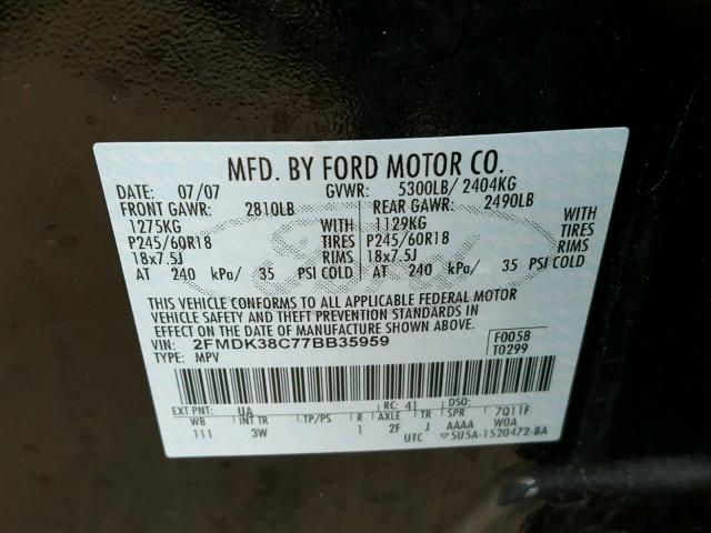 2FMDK38C77BB35959 - 2007 FORD EDGE SEL BLACK photo 10