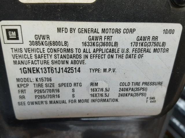 1GNEK13T61J142514 - 2001 CHEVROLET TAHOE K150 GRAY photo 10