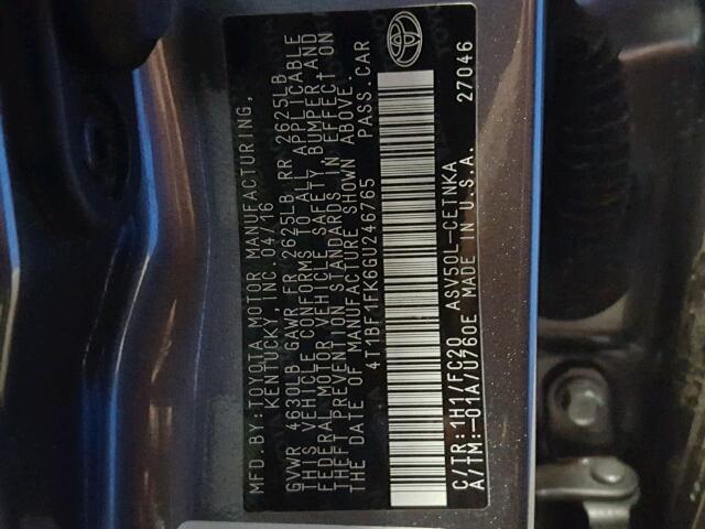 4T1BF1FK6GU246765 - 2016 TOYOTA CAMRY LE ნაცრისფერი ფოტო 10