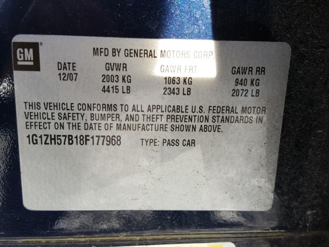 1G1ZH57B18F177968 - 2008 CHEVROLET MALIBU 1LT BLUE photo 10