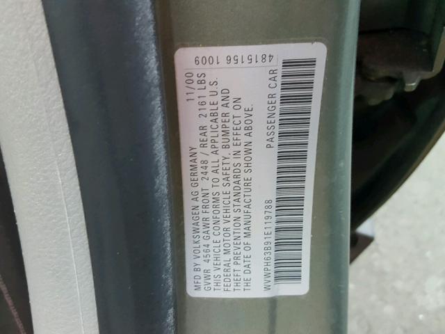 WVWPH63B91E119788 - 2001 VOLKSWAGEN PASSAT GLS GREEN photo 10