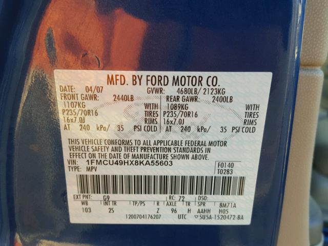 1FMCU49HX8KA55603 - 2008 FORD ESCAPE HEV BLUE photo 10