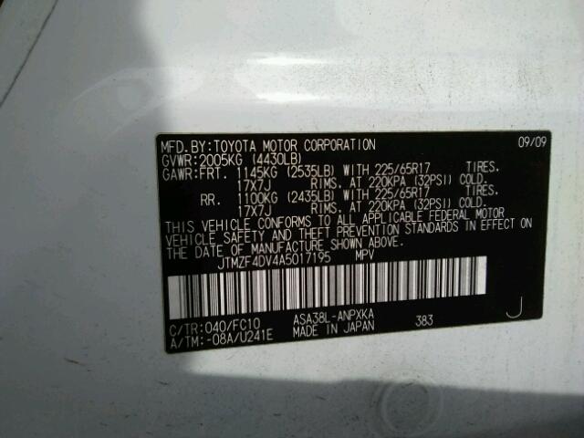 JTMZF4DV4A5017195 - 2010 TOYOTA RAV4 WHITE photo 10