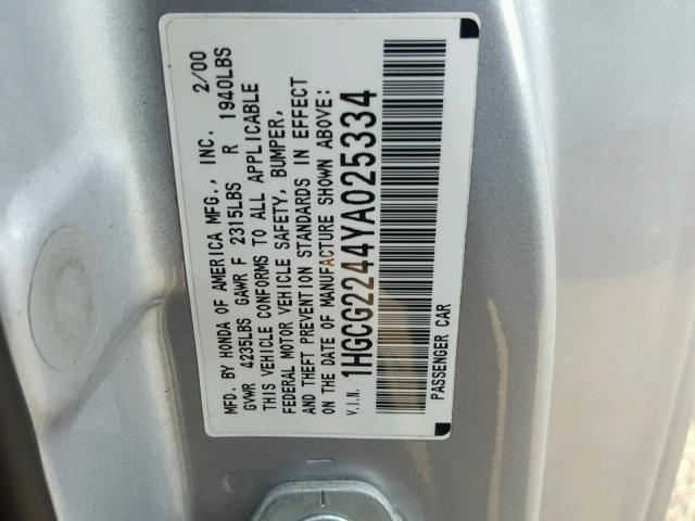 1HGCG2244YA025334 - 2000 HONDA ACCORD LX SILVER photo 10