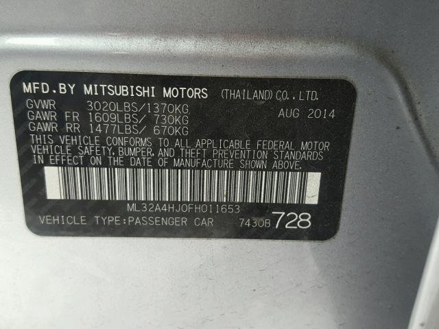 ML32A4HJ0FH011653 - 2015 MITSUBISHI MIRAGE ES SILVER photo 10