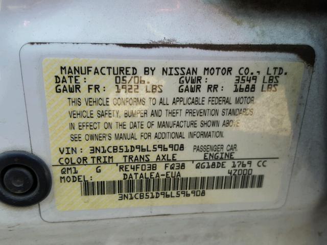 3N1CB51D96L596908 - 2006 NISSAN SENTRA 1.8 WHITE photo 10