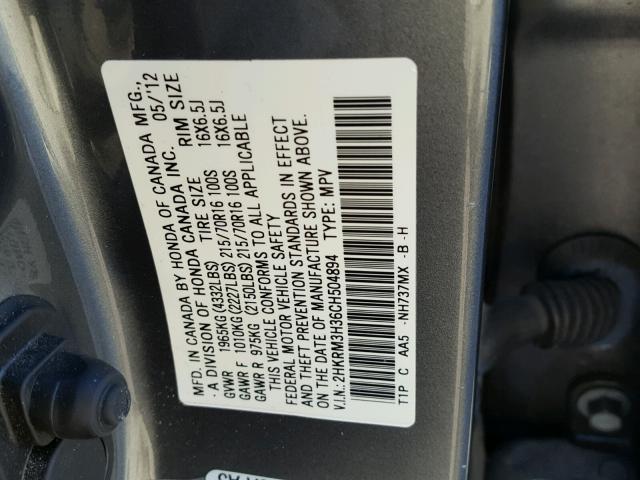 2HKRM3H36CH504894 - 2012 HONDA CR-V LX GRAY photo 10