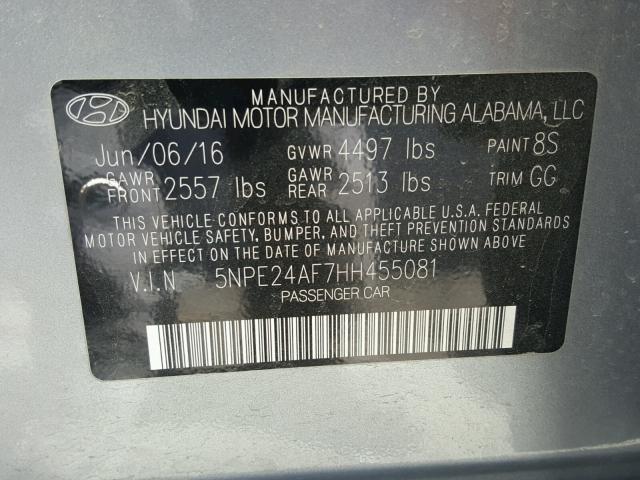 5NPE24AF7HH455081 - 2017 HYUNDAI SONATA SE SILVER photo 10