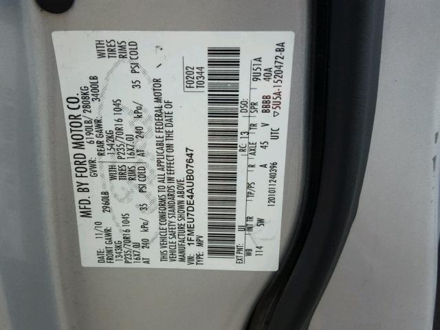 1FMEU7DE4AUB07647 - 2010 FORD EXPLORER X SILVER photo 10