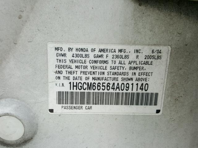 1HGCM66564A091140 - 2004 HONDA ACCORD EX WHITE photo 10