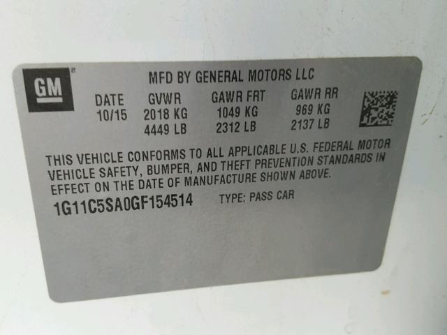 1G11C5SA0GF154514 - 2016 CHEVROLET MALIBU LIM WHITE photo 10