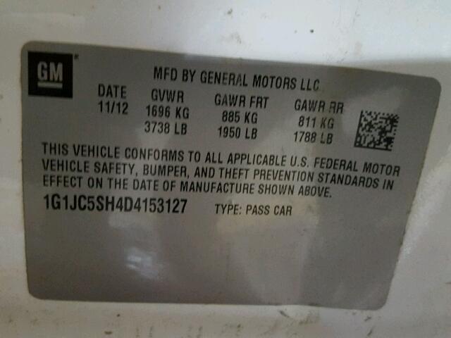 1G1JC5SH4D4153127 - 2013 CHEVROLET SONIC LT 白色 照片 10