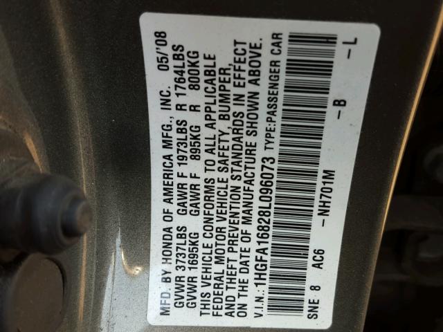 1HGFA16828L096073 - 2008 HONDA CIVIC EX GRAY photo 10