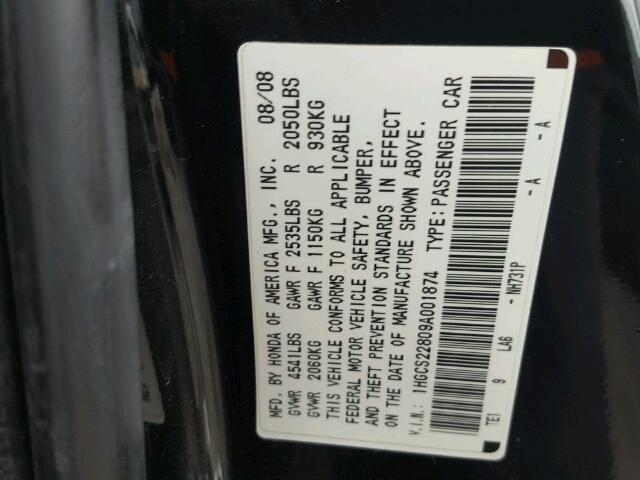 1HGCS22809A001874 - 2009 HONDA ACCORD EXL BLACK photo 10