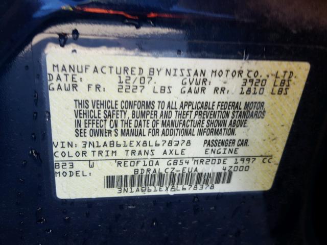 3N1AB61EX8L678378 - 2008 NISSAN SENTRA 2.0 BLUE photo 10