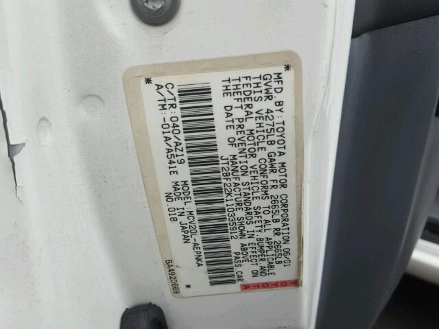 JT2BF22K110335912 - 2001 TOYOTA CAMRY CE WHITE photo 10