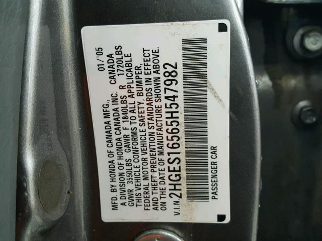 2HGES16565H547982 - 2005 HONDA CIVIC LX SILVER photo 10