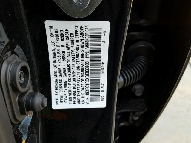 19XFC1F3XGE030908 - 2016 HONDA CIVIC EX BLACK photo 10