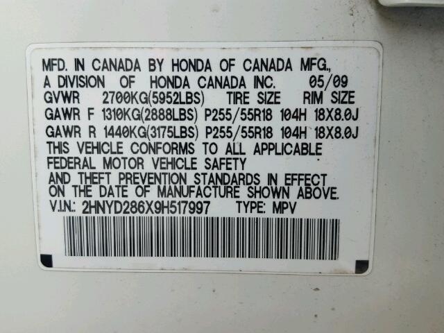 2HNYD286X9H517997 - 2009 ACURA MDX TECHNO WHITE photo 10