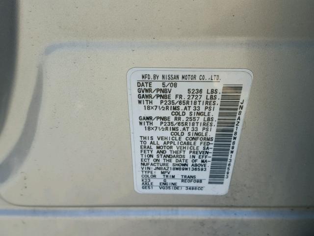 JN8AZ18W89W136593 - 2009 NISSAN MURANO S SILVER photo 10