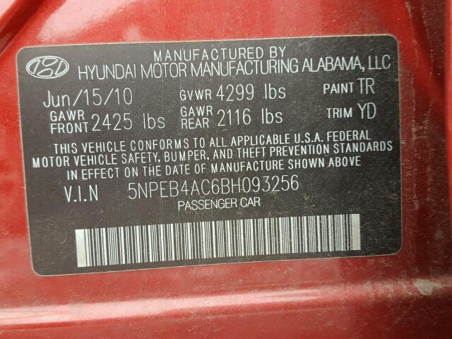 5NPEB4AC6BH093256 - 2011 HYUNDAI SONATA GLS RED photo 10