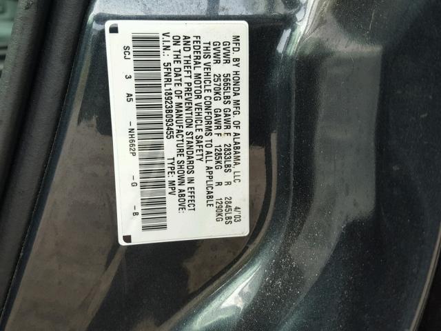 5FNRL18923B093455 - 2003 HONDA ODYSSEY EX BLUE photo 10