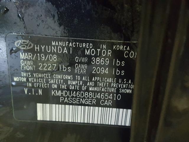 KMHDU46D88U465410 - 2008 HYUNDAI ELANTRA GL BLACK photo 10