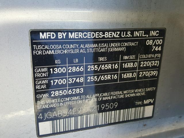 4JGAB54E9YA219509 - 2000 MERCEDES-BENZ ML 320 SILVER photo 10