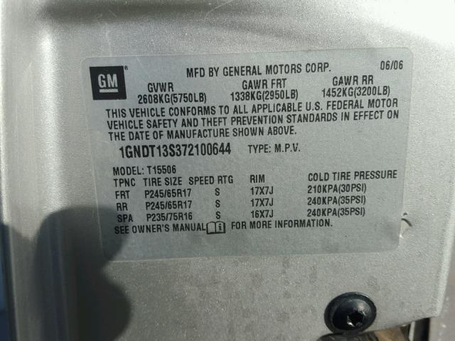 1GNDT13S372100644 - 2007 CHEVROLET TRAILBLAZE SILVER photo 10