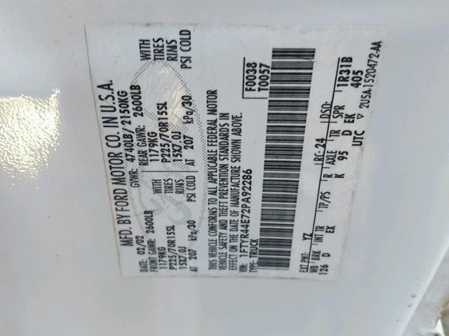 1FTYR44E72PA92286 - 2002 FORD RANGER SUP WHITE photo 10