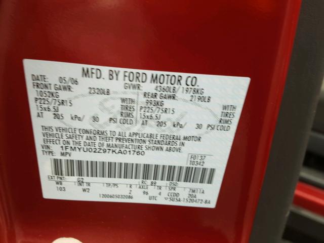 1FMYU02Z97KA01760 - 2007 FORD ESCAPE XLS RED photo 10