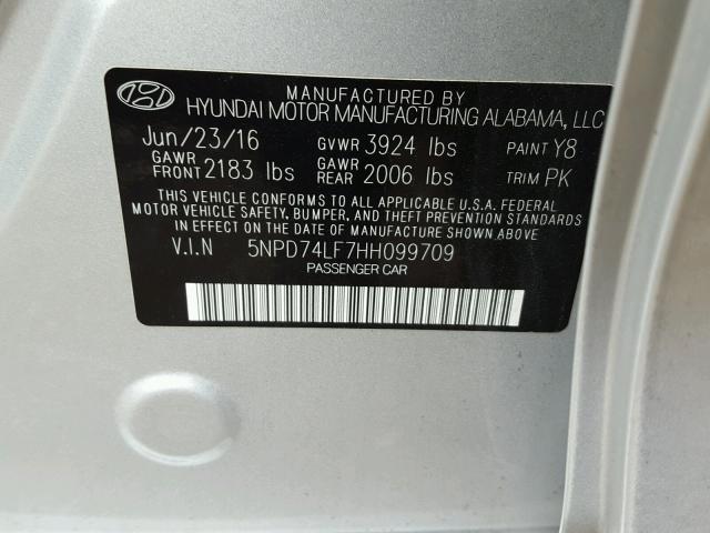 5NPD74LF7HH099709 - 2017 HYUNDAI ELANTRA SE SILVER photo 10