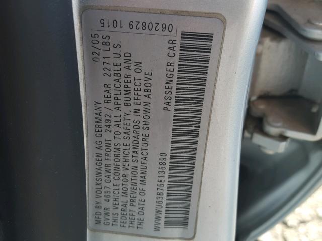 WVWWU63B75E135890 - 2005 VOLKSWAGEN PASSAT GLX SILVER photo 10