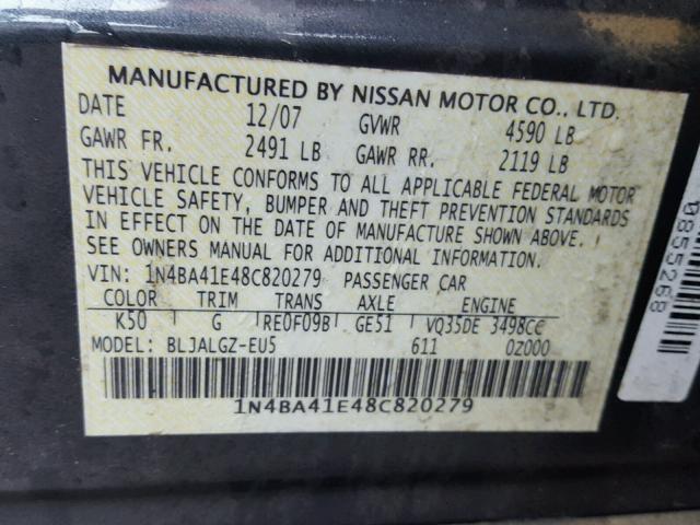 1N4BA41E48C820279 - 2008 NISSAN MAXIMA SE GRAY photo 10