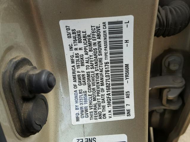 1HGFA16827L076176 - 2007 HONDA CIVIC EX GOLD photo 10