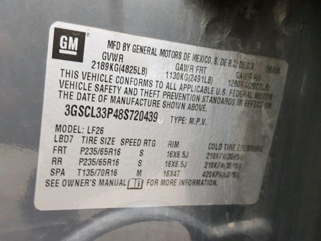 3GSCL33P48S720439 - 2008 SATURN VUE XE GRAY photo 10