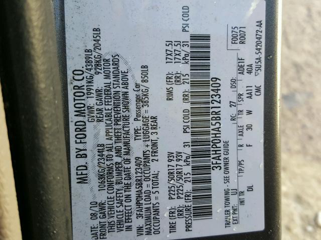 3FAHP0HA5BR123409 - 2011 FORD FUSION SE GRAY photo 10