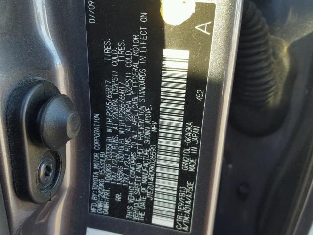 JTEZU14R09K026590 - 2009 TOYOTA 4RUNNER SR GRAY photo 10