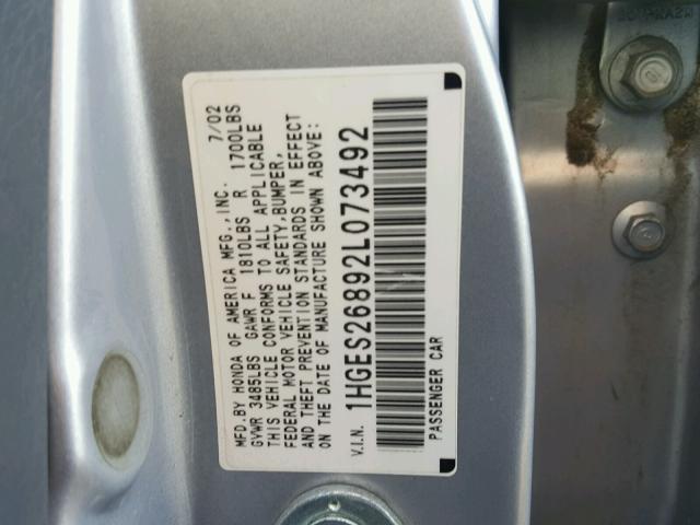 1HGES26892L073492 - 2002 HONDA CIVIC EX ვერცხლისფერი ფოტო 10