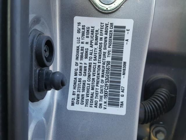 19XFC2F53GE056760 - 2016 HONDA CIVIC LX SILVER photo 10