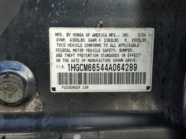 1HGCM66544A064289 - 2004 HONDA ACCORD EX CHARCOAL photo 10