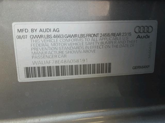 WAUAF78E48A058191 - 2008 AUDI A4 2.0T SILVER photo 10