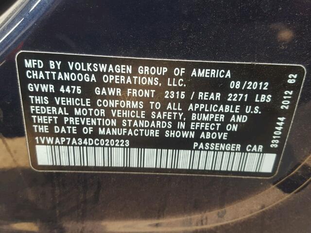 1VWAP7A34DC020223 - 2013 VOLKSWAGEN PASSAT S ლურჯი ფოტო 10