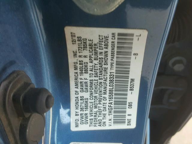 1HGFA16588L038331 - 2008 HONDA CIVIC LX BLUE photo 10